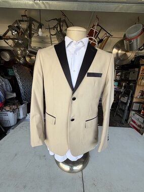 Beige Men's Blazer with Black Trim